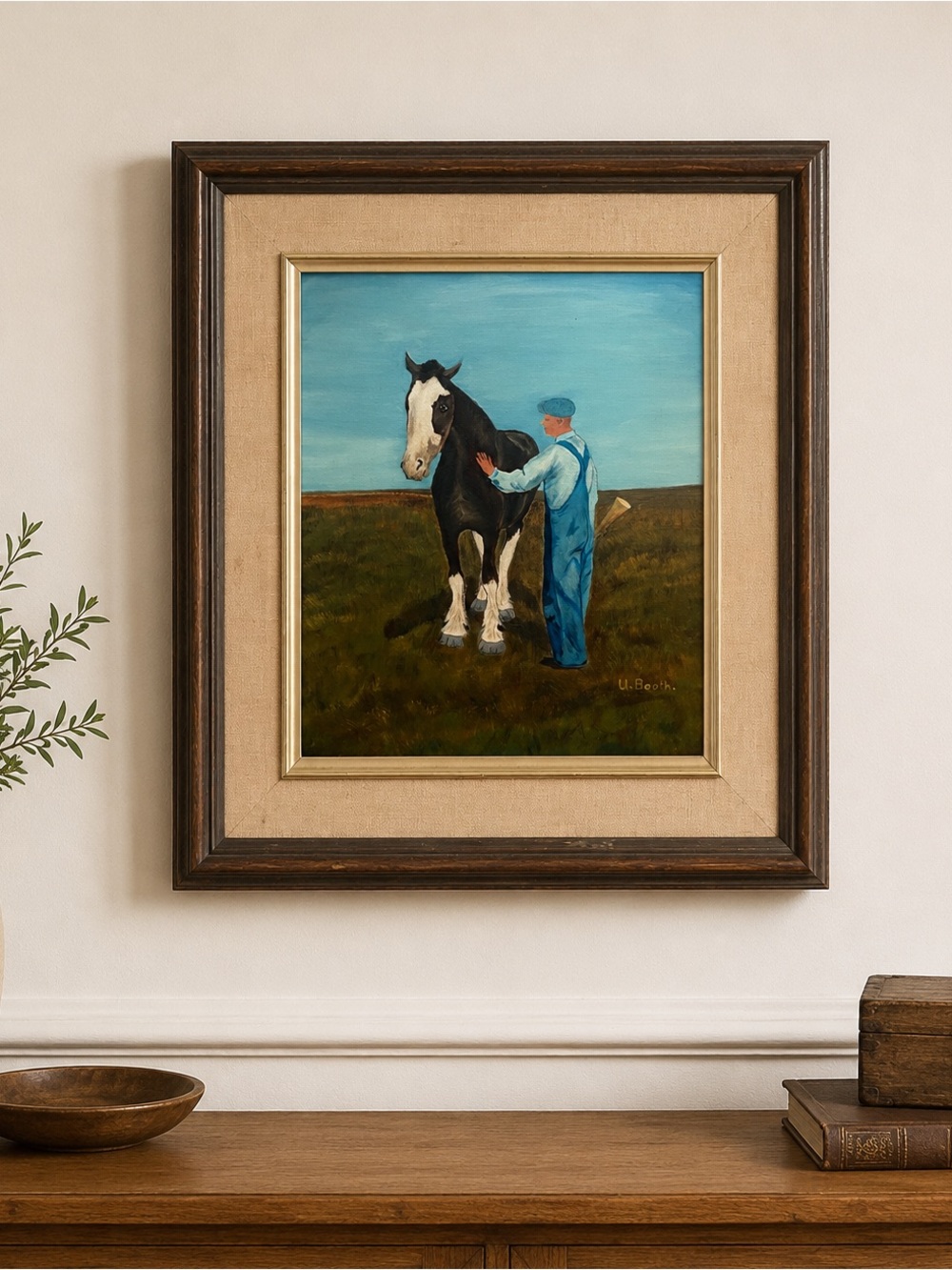 Vintage Framed Blue Sky Farmer and Horse Oil Painting - Folk Art